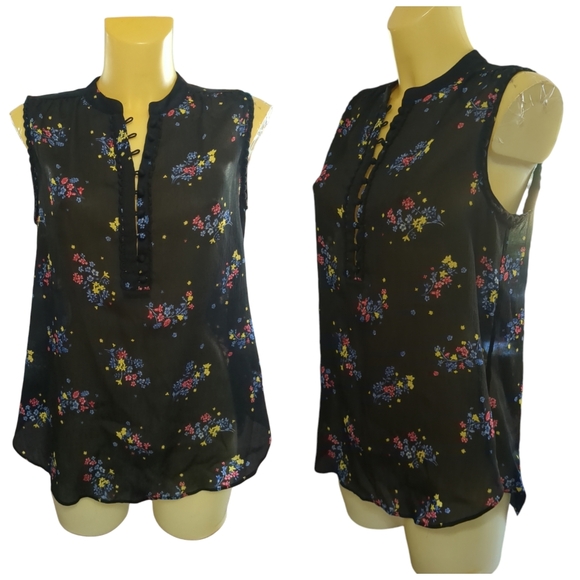🌹3/15🌹ANN TAYLOR Black Blue Pink Yellow Floral Sheer Tank Top with Buttons - Picture 1 of 5